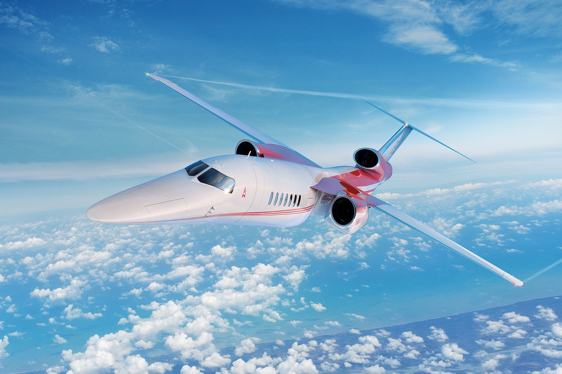 The Aerion AS2 supersonic business jet rendered in flight above clouds — sleek white fuselage with red detailing, three engines, and a long delta-tipped wing characteristic of supersonic-business-jet design.